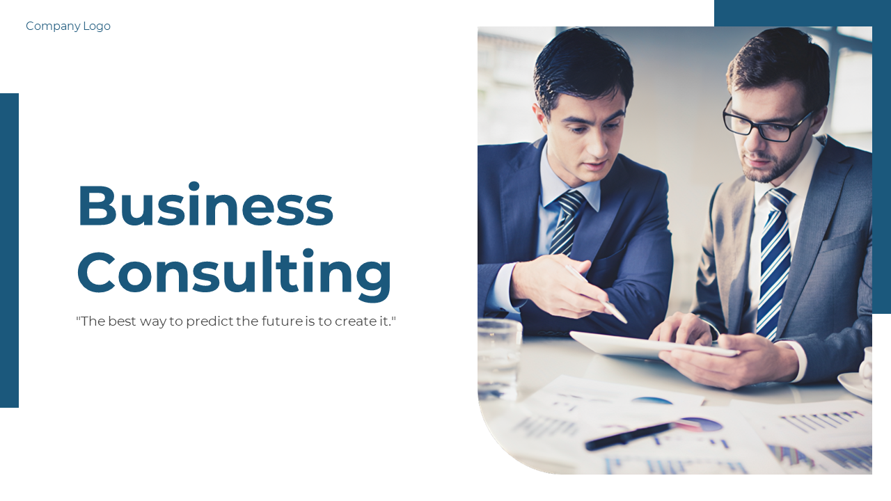 Two business professionals in suits analyzing data on a tablet, with charts on the table, in blue and white layout.