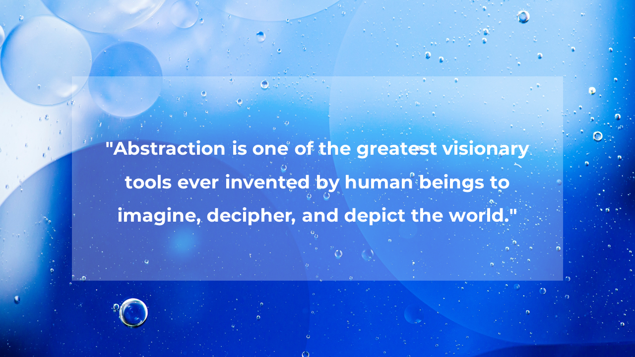 Inspirational quote in white text, overlays a blue toned abstract background with large and small transparent bubbles.