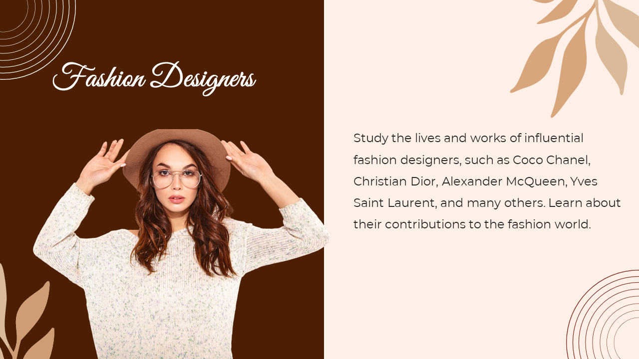 Slide featuring a fashionably dressed woman adjusting her hat, alongside text, on a brown and beige background.