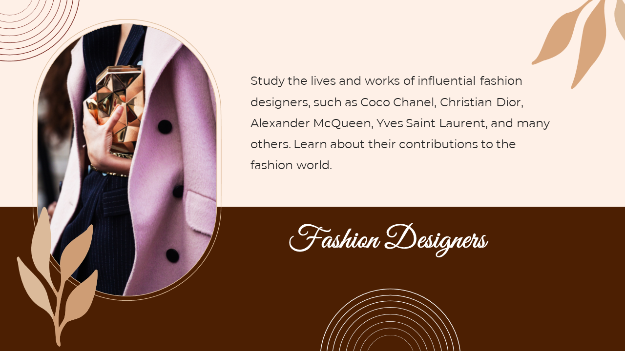 Fashion slide featuring a close up of a pink coat, a black blazer, and a geometric gold clutch, with brown and beige theme.