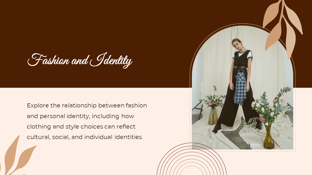 Slide with a brown and beige color palette, featuring a model in a contemporary outfit posing with floral decor.