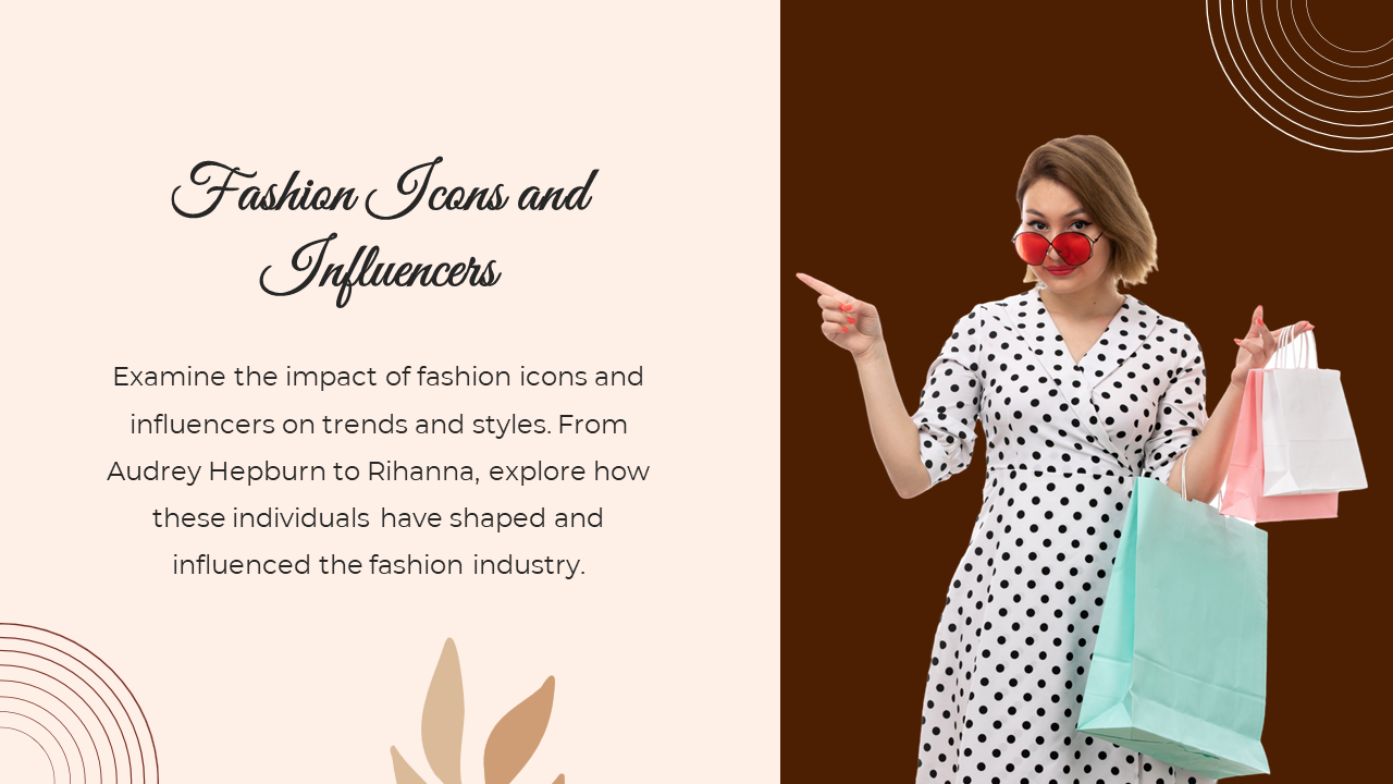 Fashion slide with a beige and brown color scheme, featuring a stylish woman in a polka dot dress holding shopping bags.