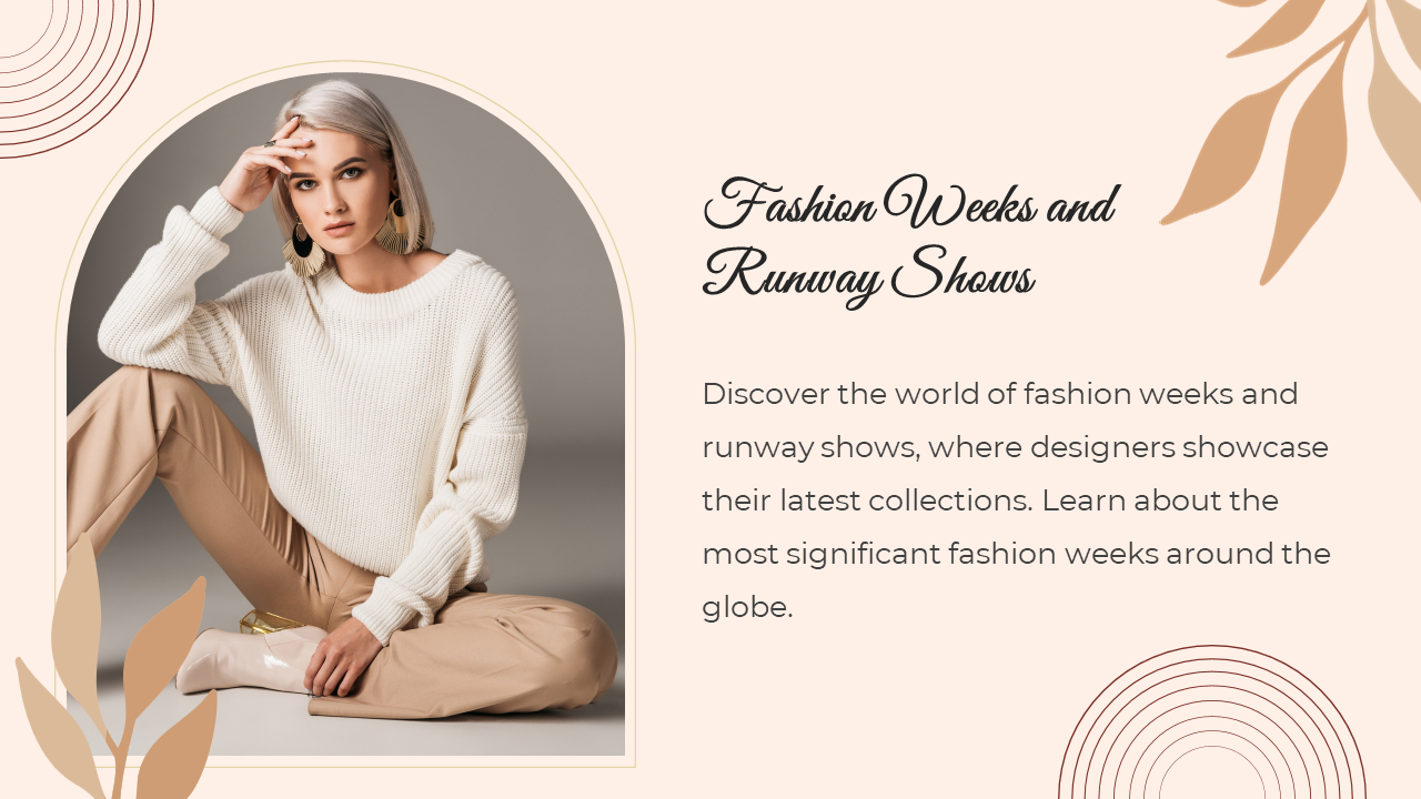 Fashion slide design with warm beige tones, featuring circular and leaf motifs, and a stylish female model in neutral attire.