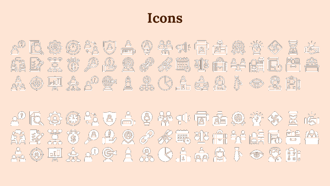 Slide with a beige background, displaying business, finance, leadership, and collaboration icons in two distinct styles.