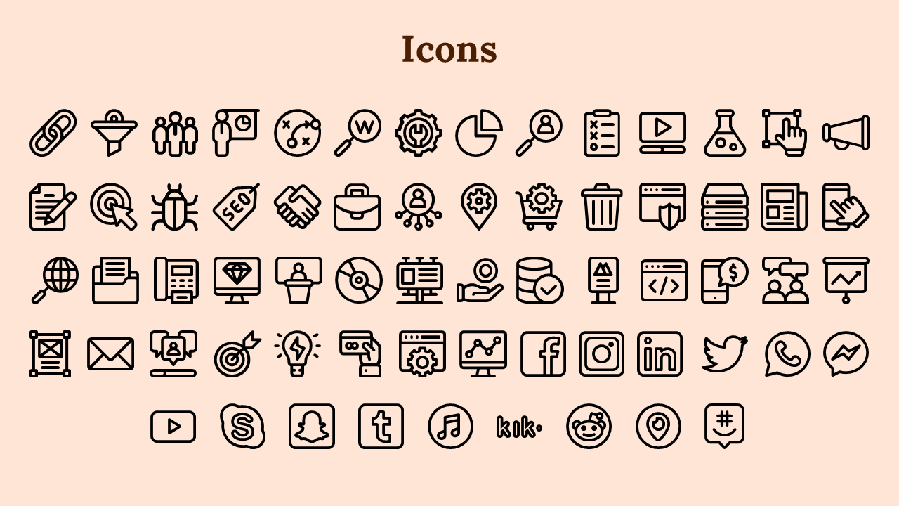 Beige slide displaying various black outline style icons related to business, technology, and social media.