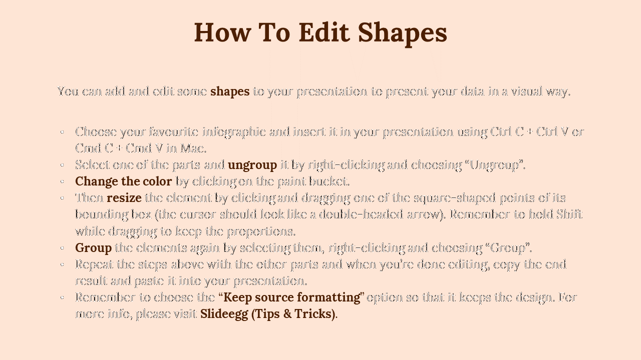 Beige slide with a brown title, black text, bullet points, and bold keywords explaining how to edit shapes.