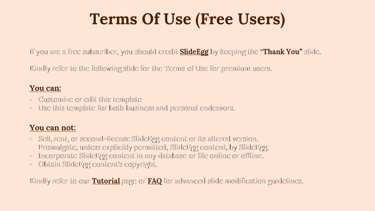 Beige slide with a brown title, black text, bullet points, and underlined words outlining terms of use for free users.