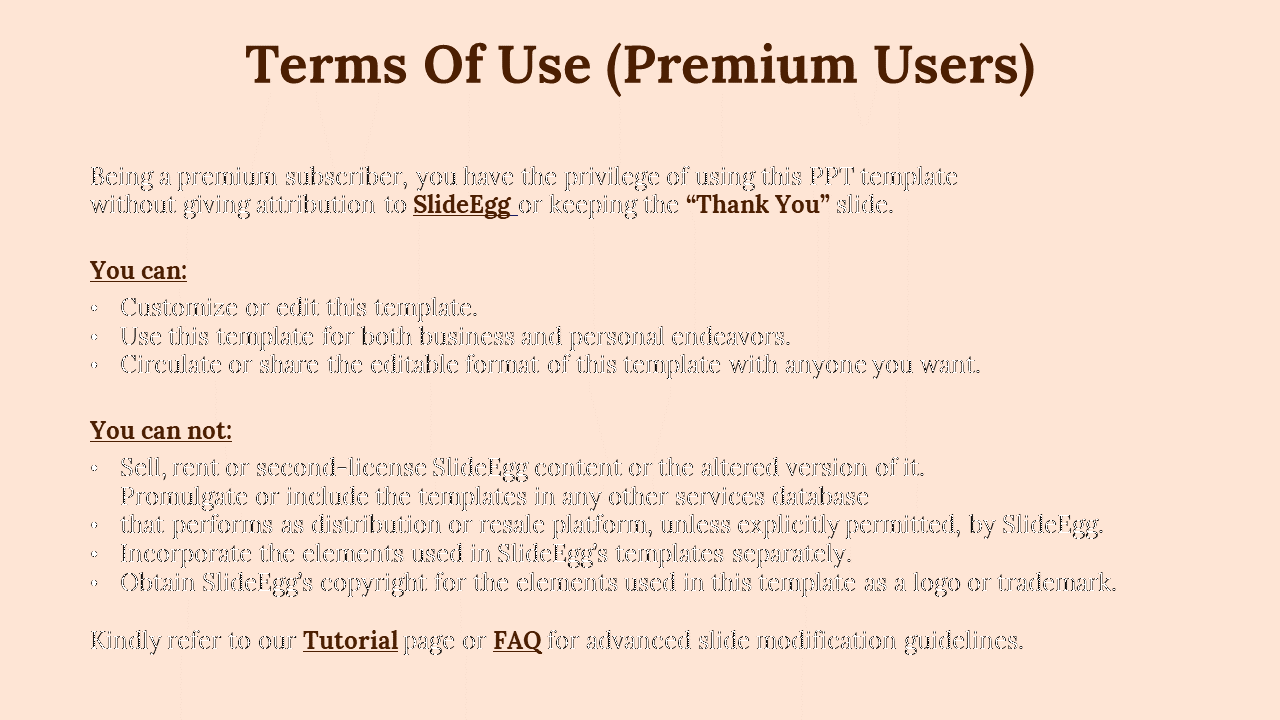 Beige background with bold brown heading, black body text, and bullet points outlining terms of use for premium users.