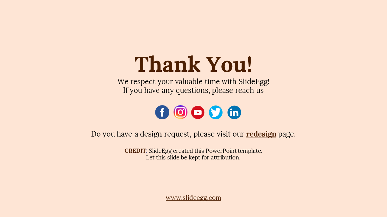 Thank you slide with centered brown text, colorful social media icons, and a website link at the bottom, on a beige backdrop.