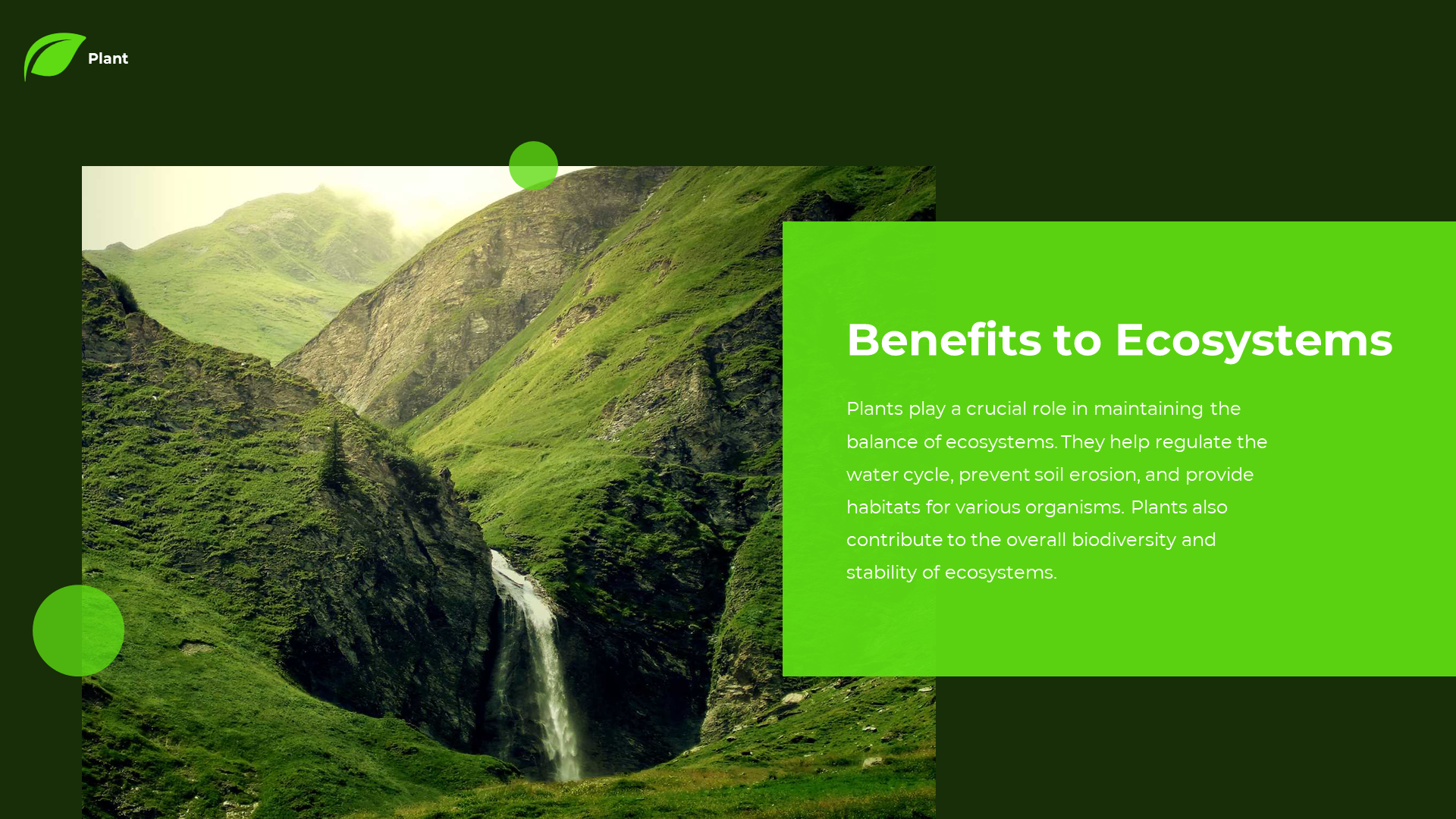 Dark green slide with a scenic mountain waterfall image on the left and a bright text box on the right.