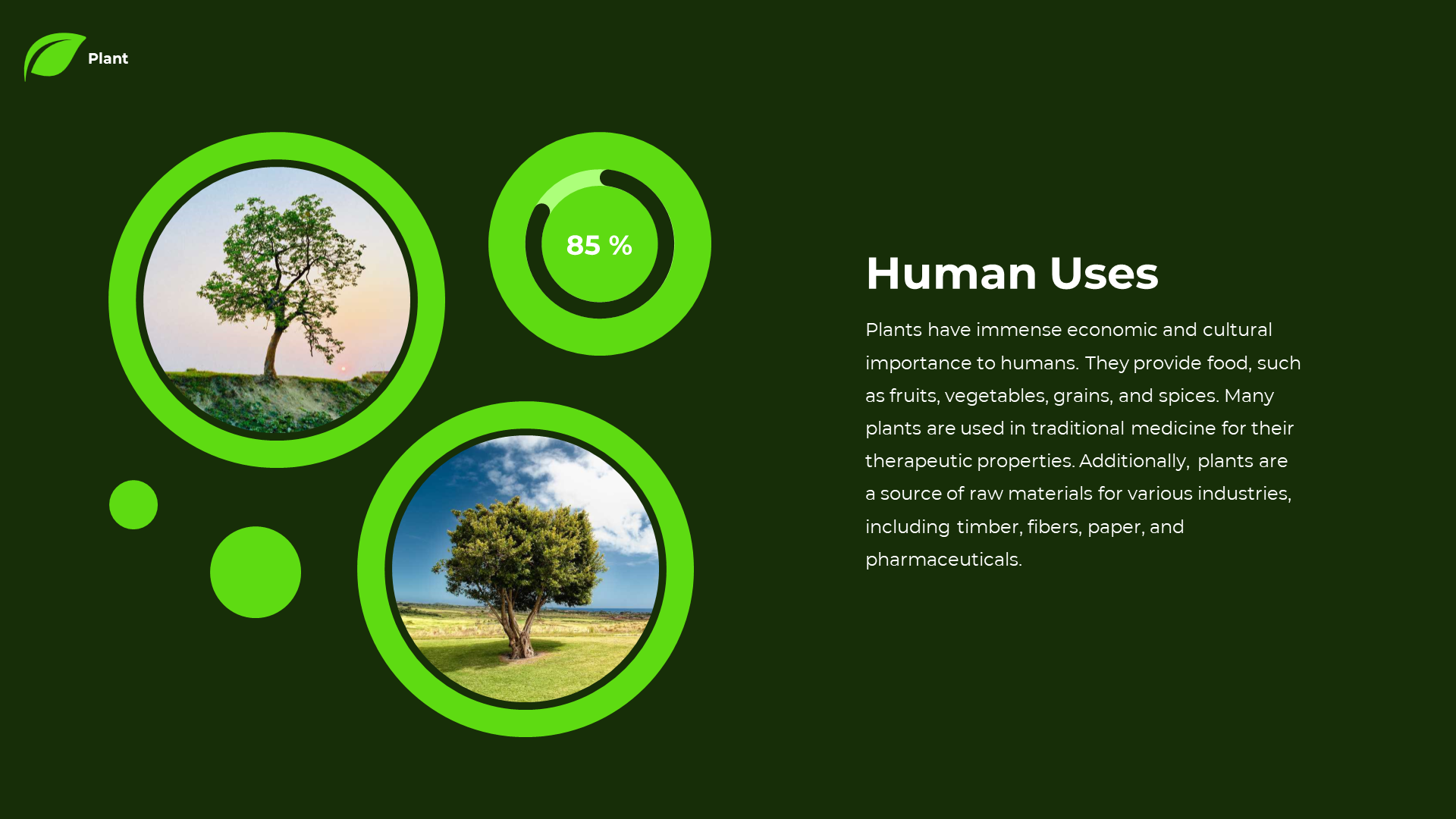 Slide with a deep green backdrop, overlapping two bright green circles with tree images, and a smaller progress indicator.