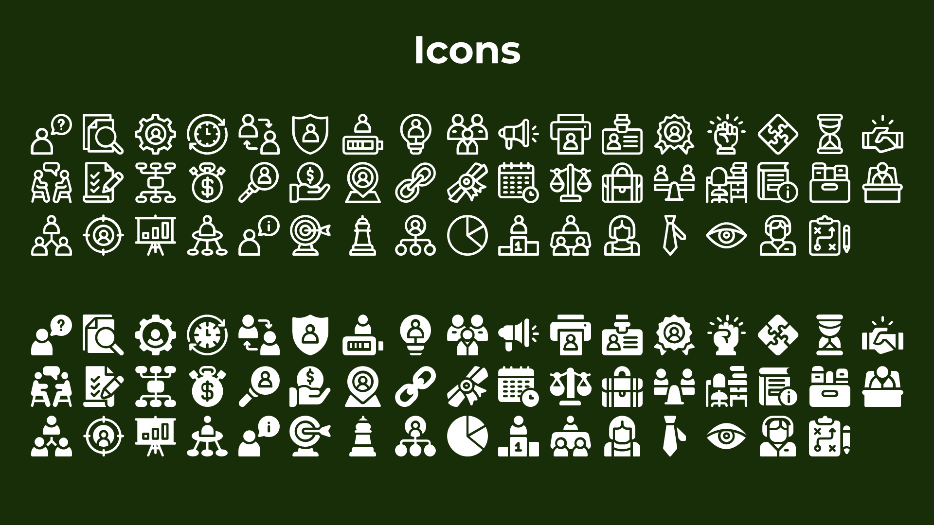 Slide displaying two sections of white business and strategy icons in outlined and filled styles, on a dark green background.
