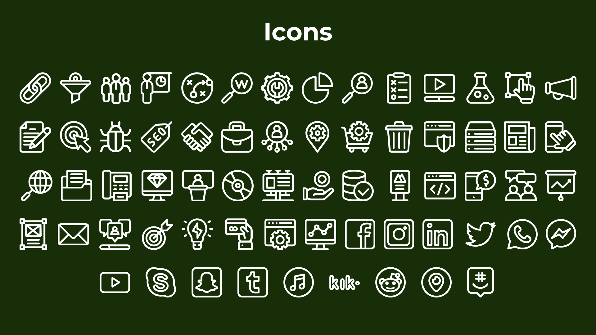 Slide displaying various white outline icons, including business, communication, and social media, on a dark green backdrop.