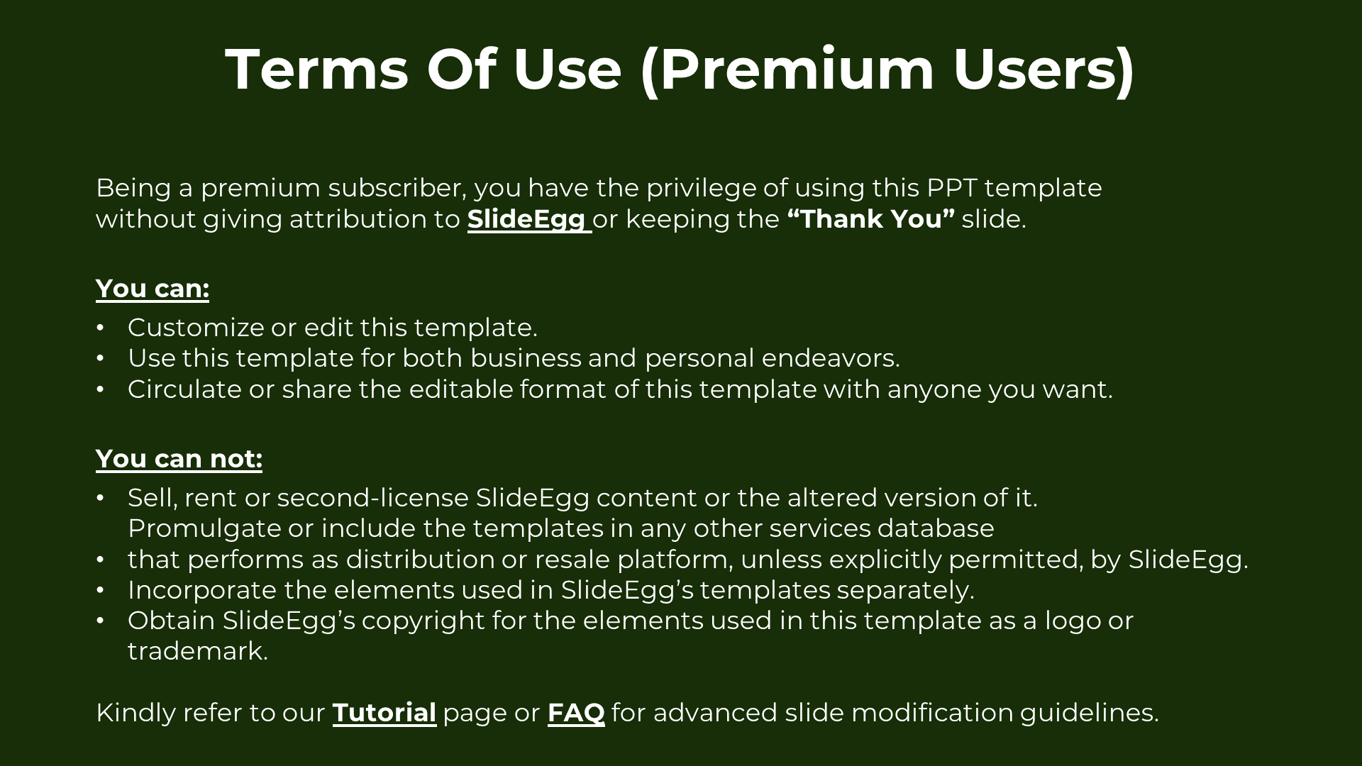 Dark green background slide with white text outlining usage rights and restrictions for SlideEgg premium users.