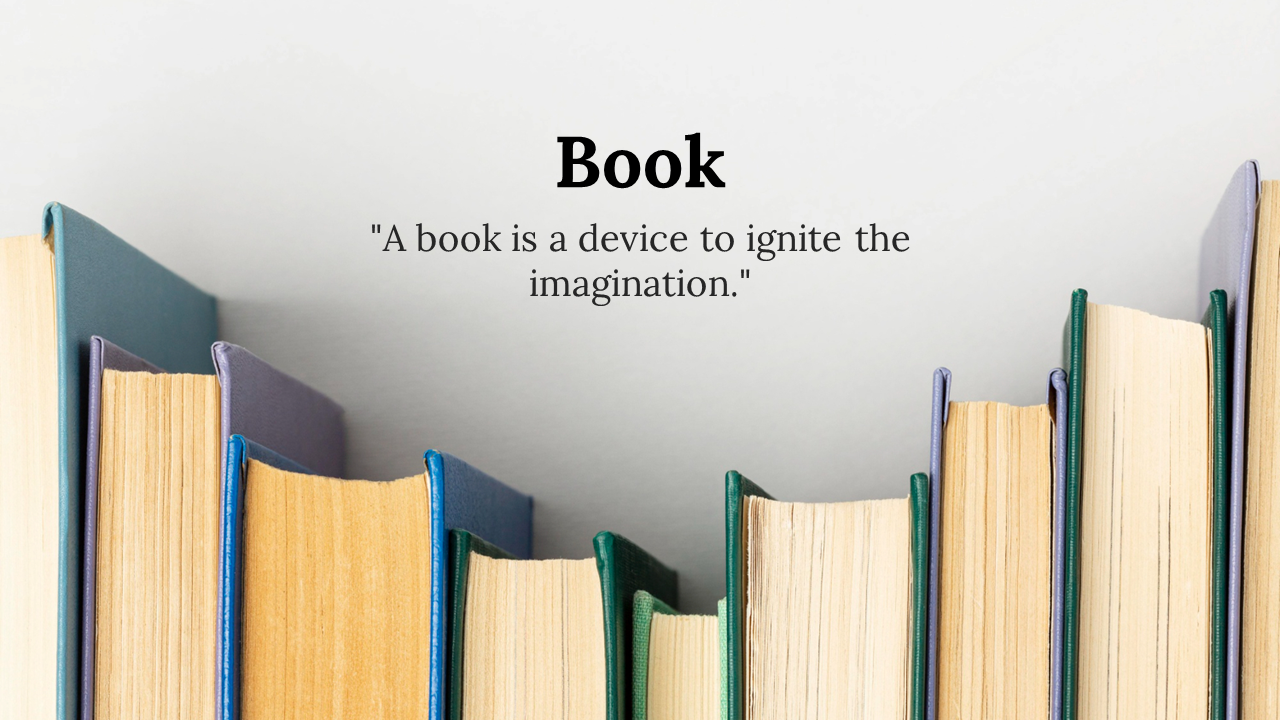 Close up of the edges of several books with colorful spines, and a quote displayed above in clear, bold text.