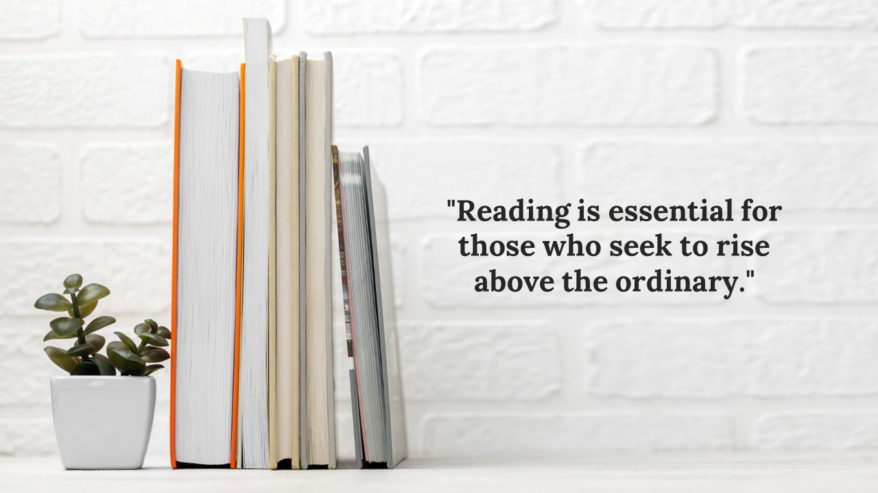 Set of books arranged next to a small potted plant, with a white brick wall background, and a quote displayed on the right.