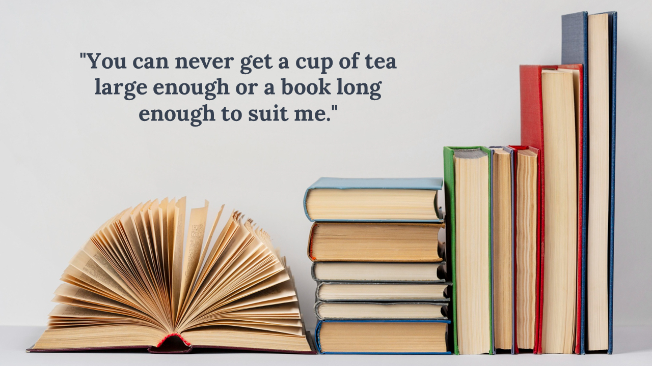 An open book on a flat surface with stacked books to its right, against a plain background, featuring a quote at the top.