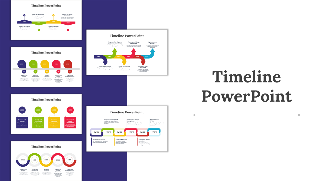 Multiple timeline slides with vibrant, colorful phases in purple, green, yellow, and red, showing project development steps.