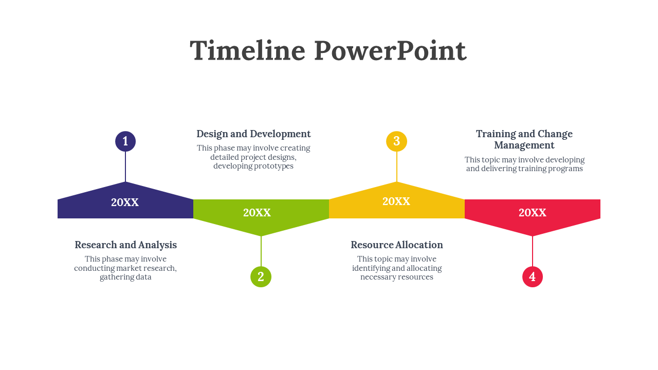 Timeline with four colorful segments in purple, green, yellow, and red, connected by a line with year placeholders.