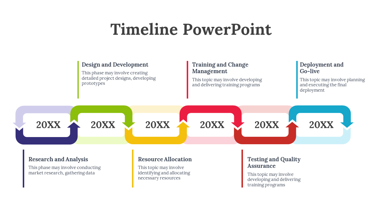 Timeline infographic with with curved arrows in purple, green, yellow, red, brown, and blue, each marked with 20XX.