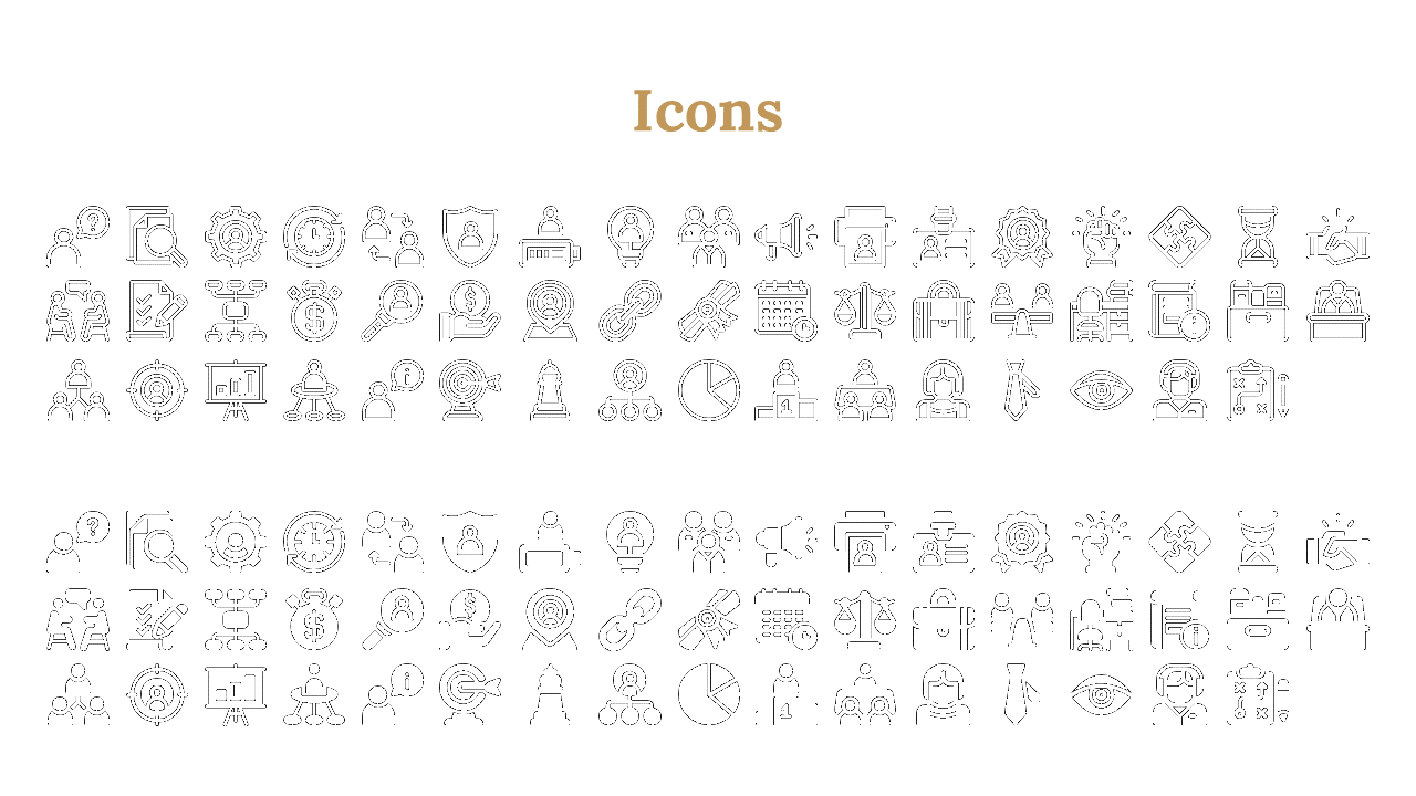Icon set featuring black outline and solid designs, arranged in two sections with a gold heading.