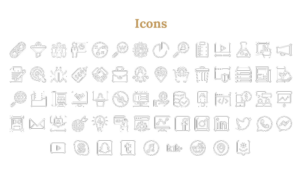 Black outline icons representing business tools, social media, and tech symbols, arranged in rows with a golden heading.