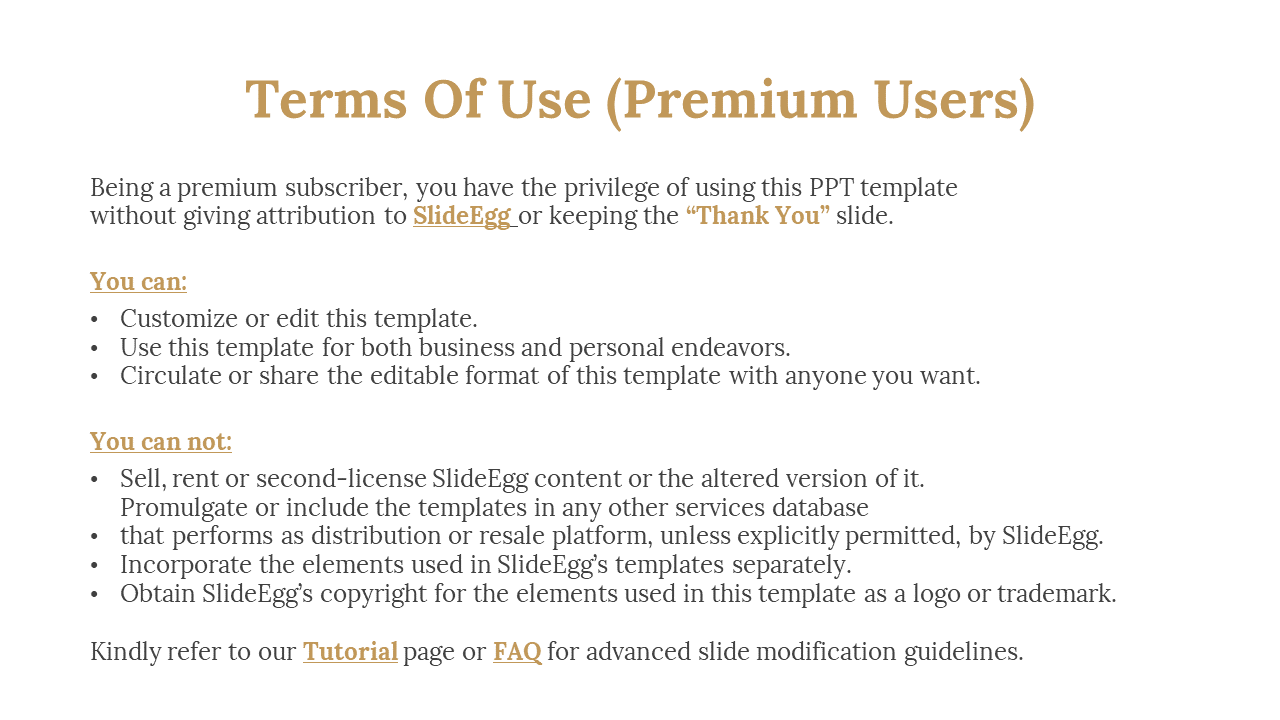 Terms of use for premium users with gold text, bullet points detailing permissions and restrictions, and a footer with links.