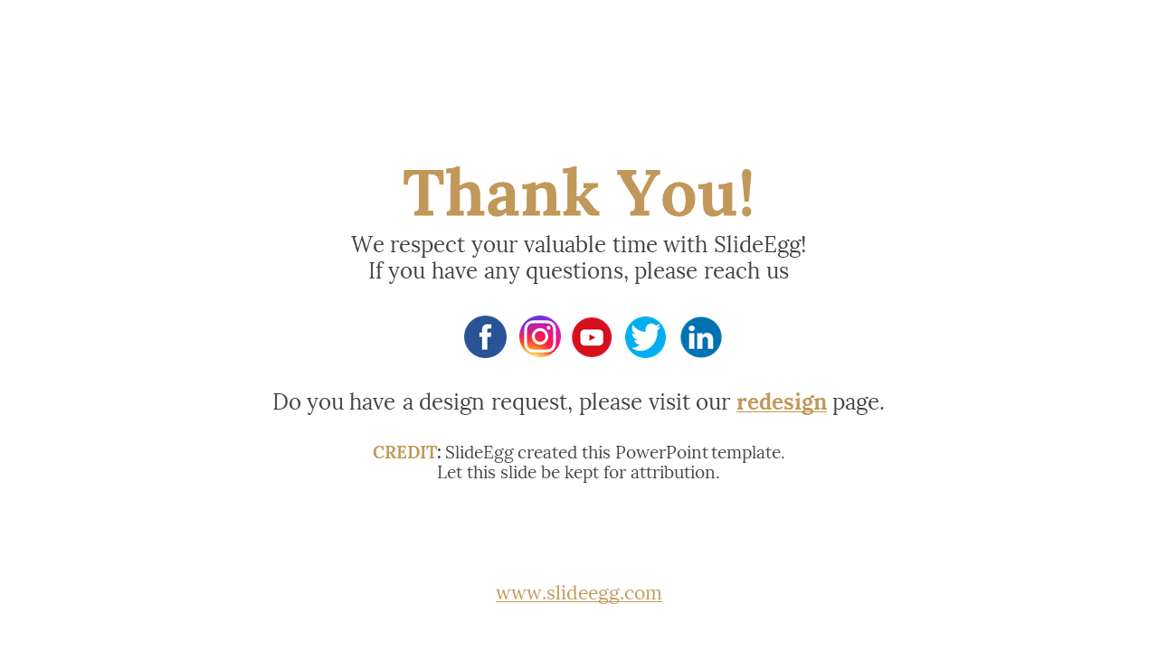 Simple thank you slide with gold text, colorful social media icons, and a footer with attribution and a website link.