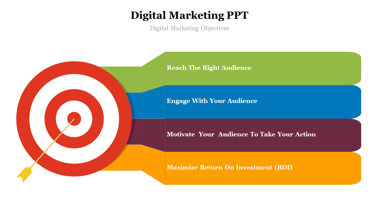 Digital marketing slide with a red target symbol paired with four horizontal sections in green, blue, brown, and orange.