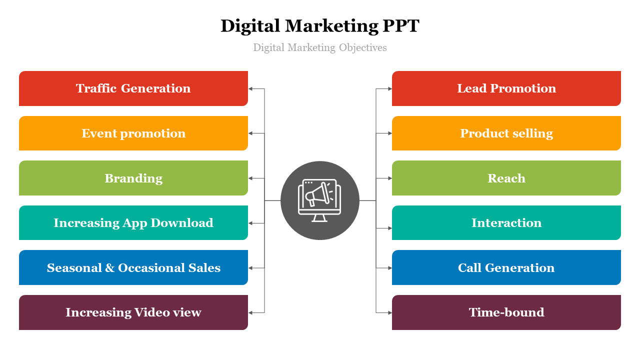 Digital marketing slide showing symmetrical layout with rectangular shapes in red, orange, green, teal, blue, and brown.