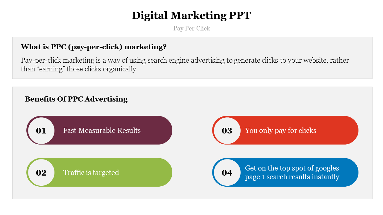 Slide with rectangular text boxes in brown, green, red, and blue, with numbered circles, explaining PPC advertising.