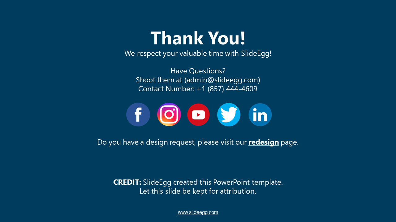 Blue background with centered text, icons for social media links, contact details, and a footer with a website link.