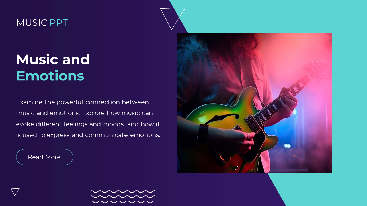 A person playing a brightly colored guitar under stage lights symbolizes the emotional connection between music and feelings.