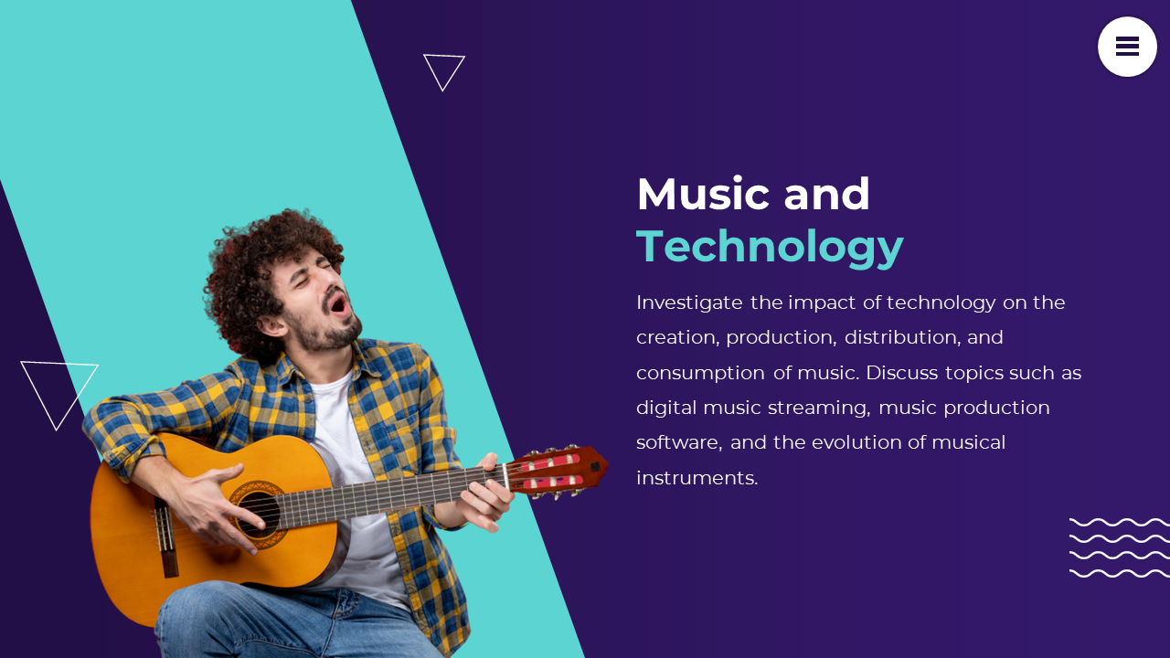 A man playing an acoustic guitar and singing represents the connection between music and technology on a blue backdrop.