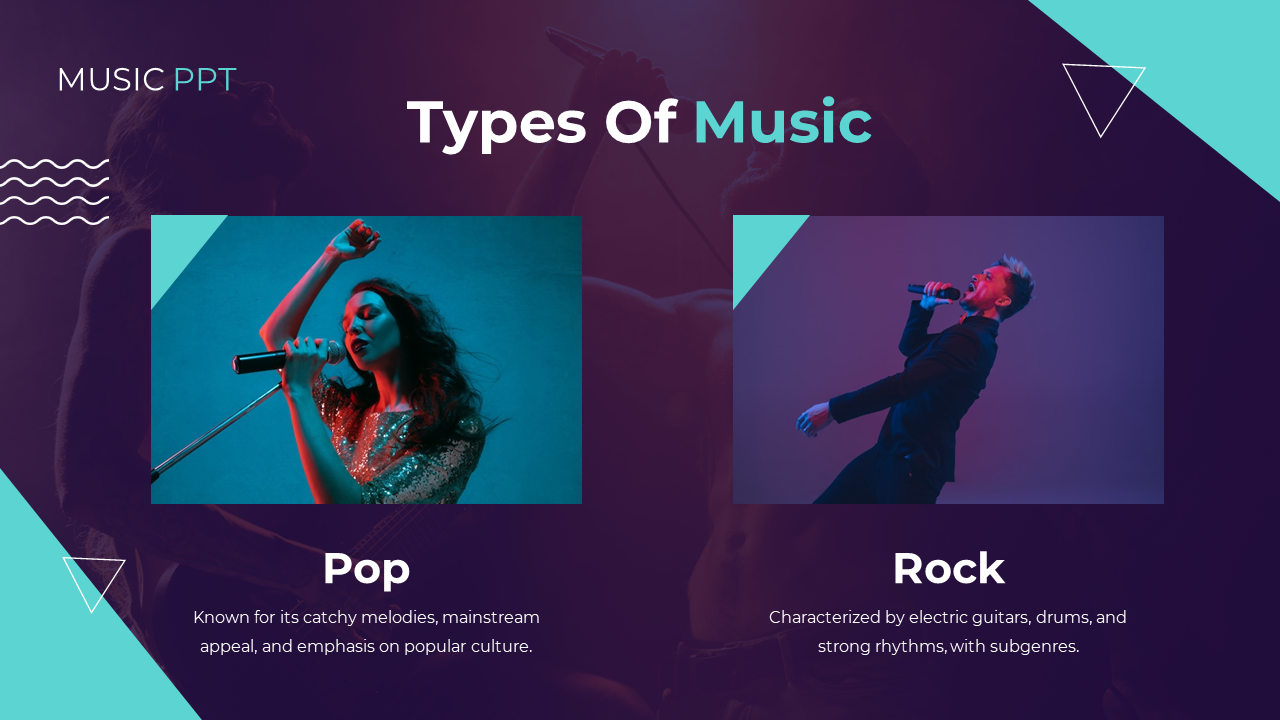 A singer performing in front of vibrant stage lights, representing pop music, with another on the right performing rock music.