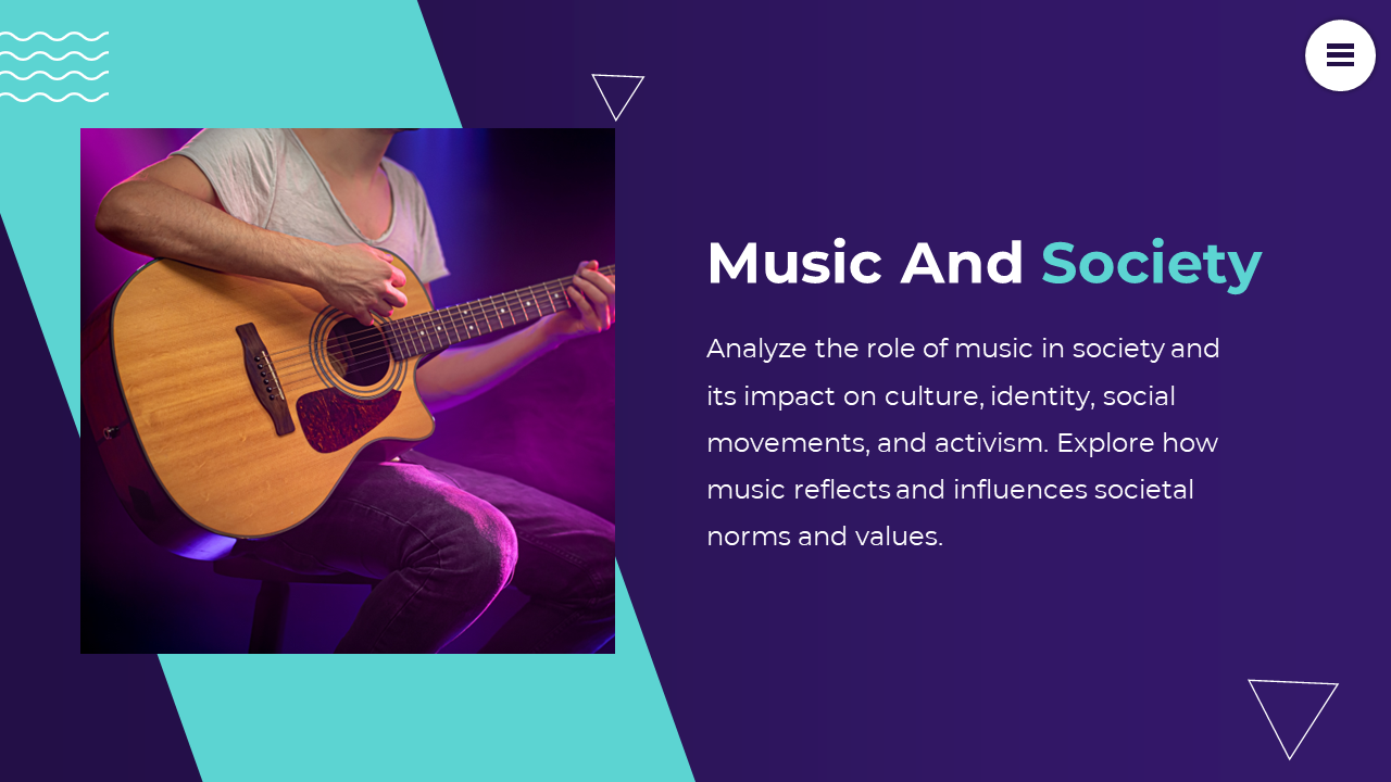 A person playing an acoustic guitar with colorful lighting symbolizes the connection between music and society on blue theme.