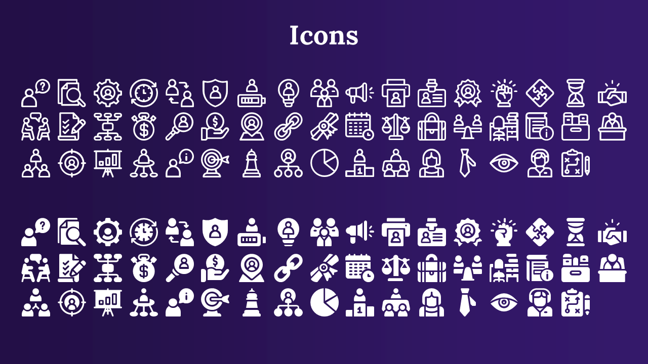 A collection of white icons representing various business and organizational concepts on a dark blue backdrop.
