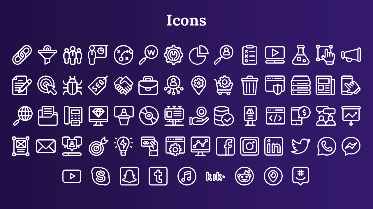 A collection of white icons representing various digital and business concepts on a dark blue backdrop.