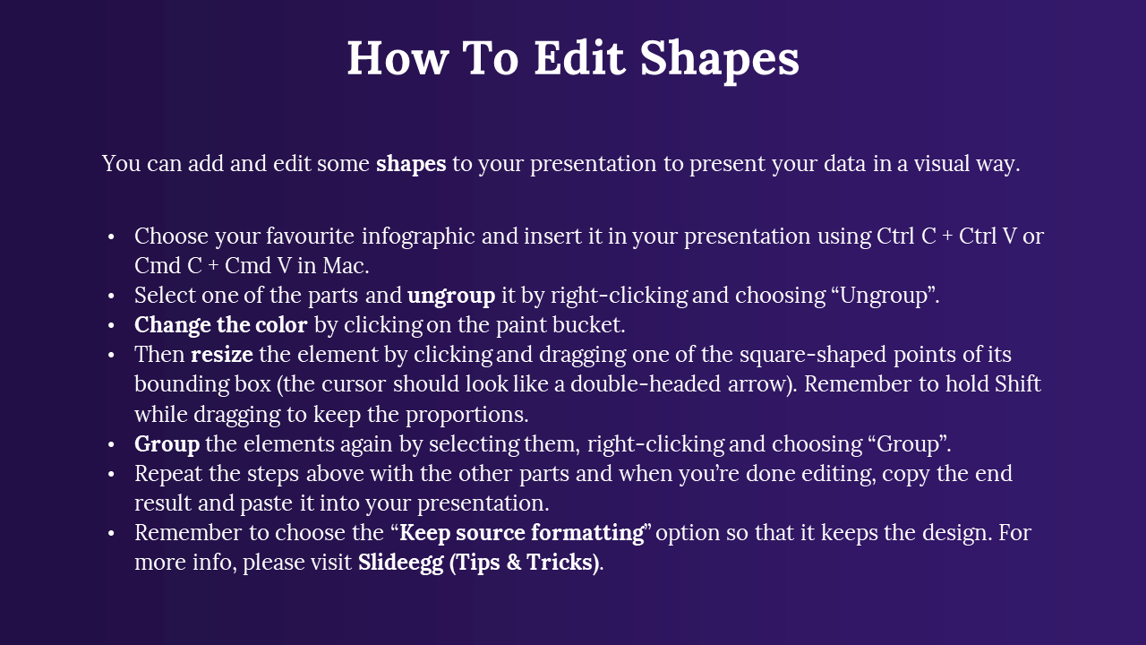 Instructions on how to edit shapes in PPT presentation, including steps to ungroup, resize, and change the color of elements.