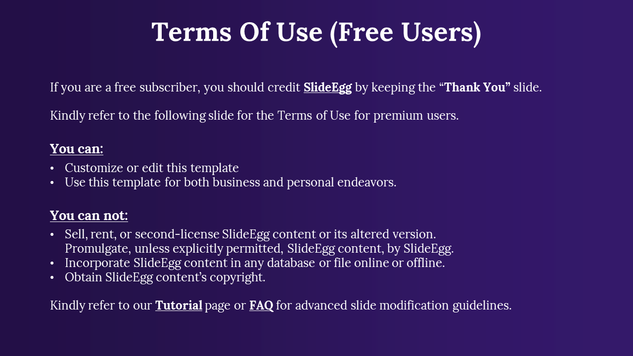 A slide showing the terms of use for free users, outlining customization rights and restrictions for SlideEgg templates.