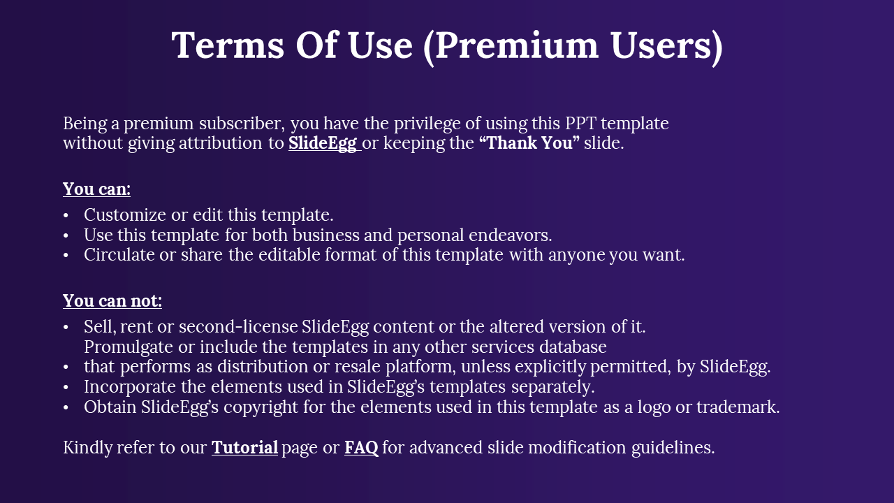 Slide outlining the terms of use for premium SlideEgg subscribers, highlighting customization rights and distribution rules.