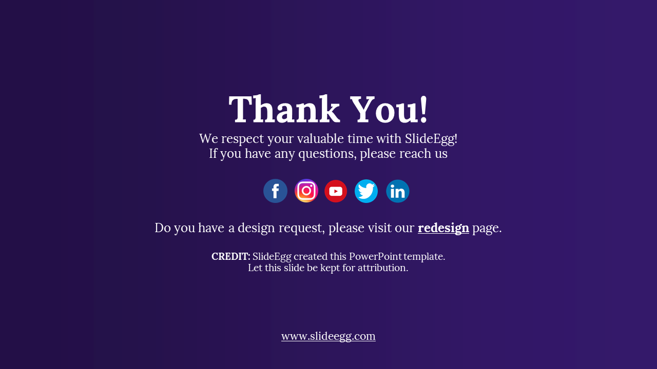Thank You slide from SlideEgg, featuring social media icons and a design credit on a dark blue backdrop.