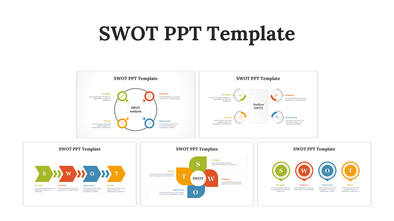Collection of Five SWOT analysis templates with various layouts, including circular, hexagonal, and directional designs.