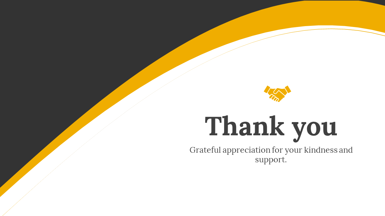 Thank you slide with a smooth yellow curve over dark gray, extending into the white space with bold text.