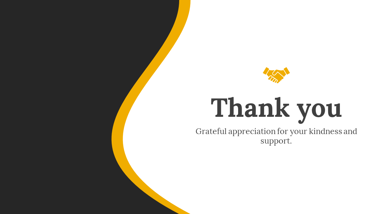 Thank you slide with a smooth yellow curved shape on the left, contrasting with a dark gray and white background.