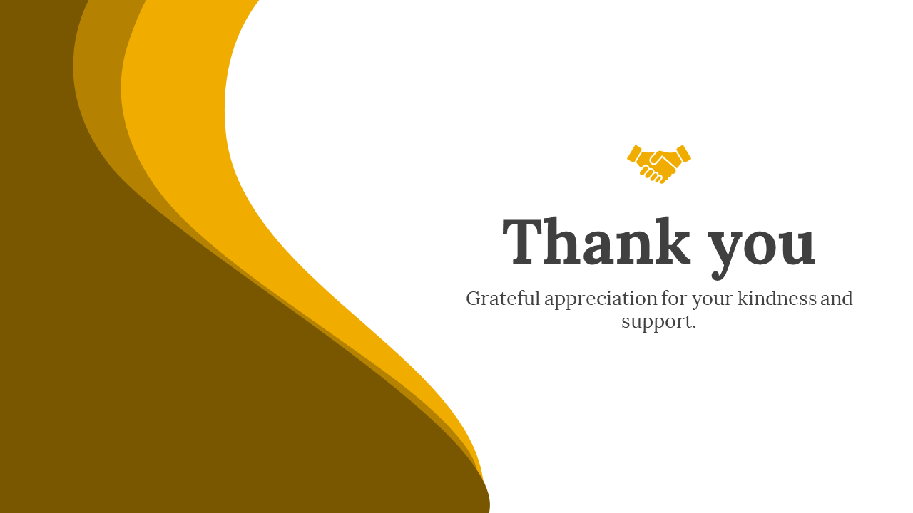 Thank you slide with diagonal yellow and brown curves on the left side, contrasted with a clean white space.