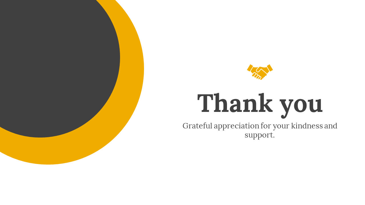 Thank you slide featuring a bold yellow circle with a contrasting dark background and a handshake graphic.
