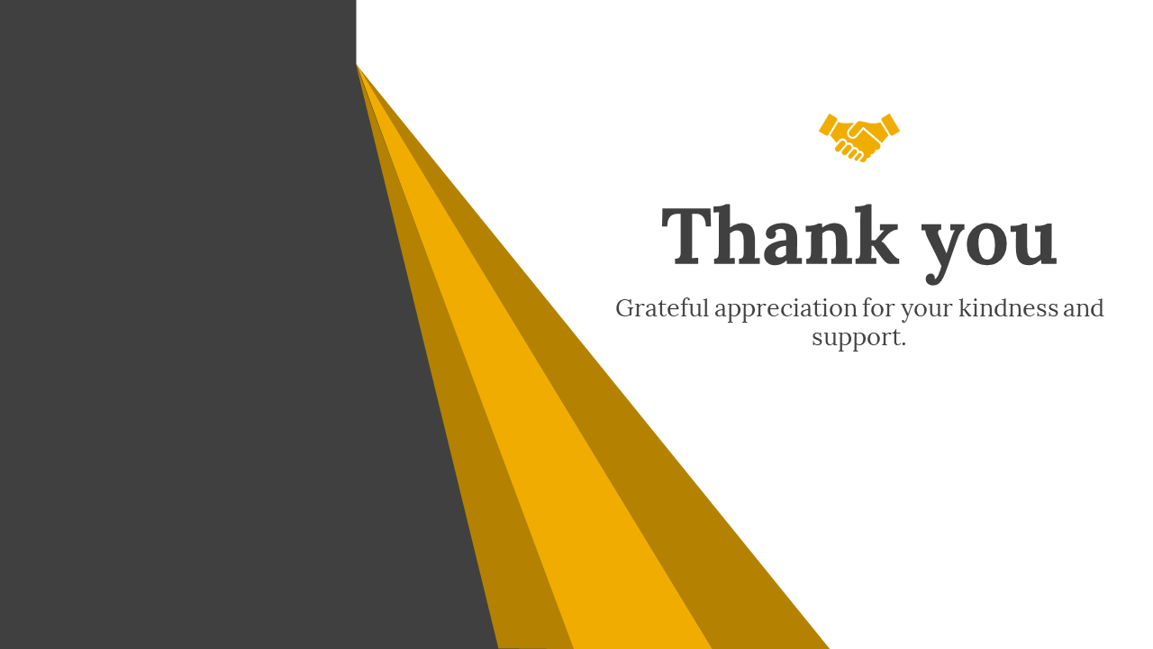 Thank you slide with diagonal yellow stripes and a handshake icon, set against dark and light background.