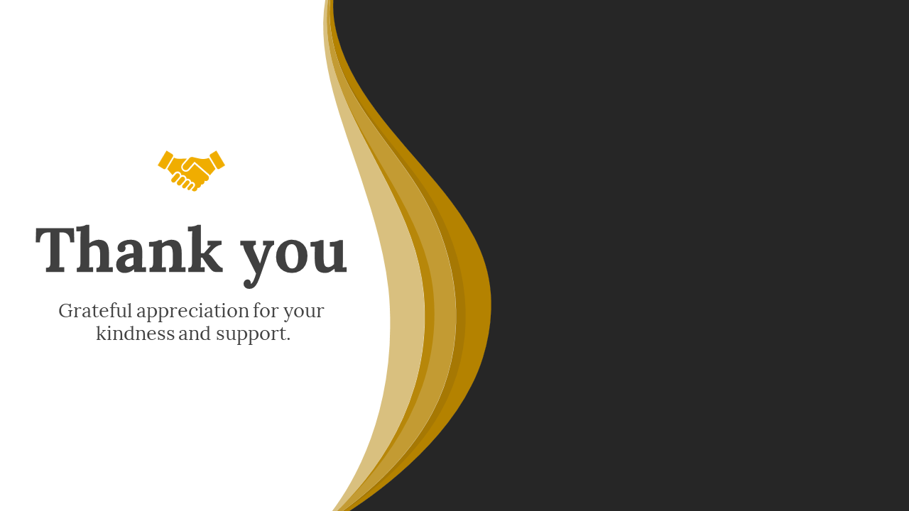 Thank you slide with curved golden elements and a handshake icon on a dark and white backdrop.
