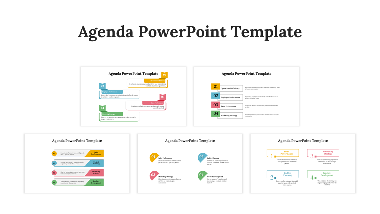 Collage of five agenda slides with geometric shapes and multicolored boxes arranged in a clean, structured layout.